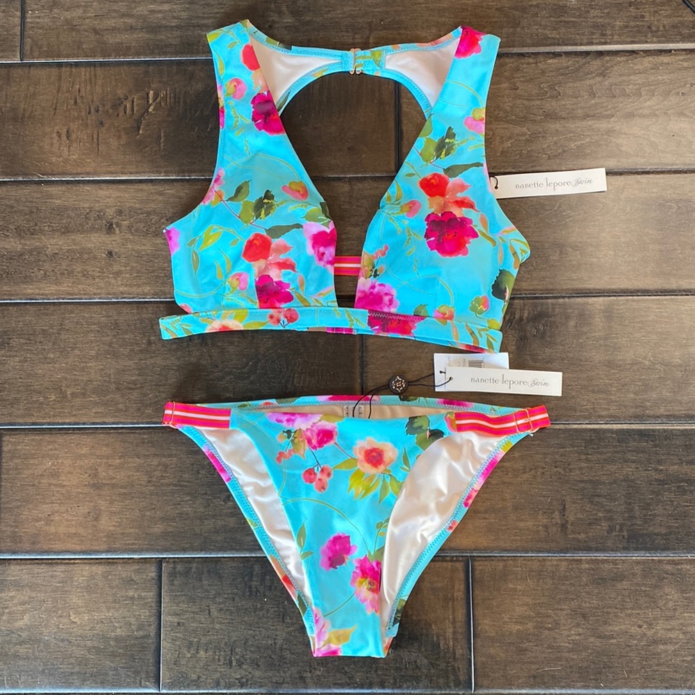 Nanette Lepore Silk Blossoms Blue Alana Apex Tri Bikini Set - Picture 3 of 12